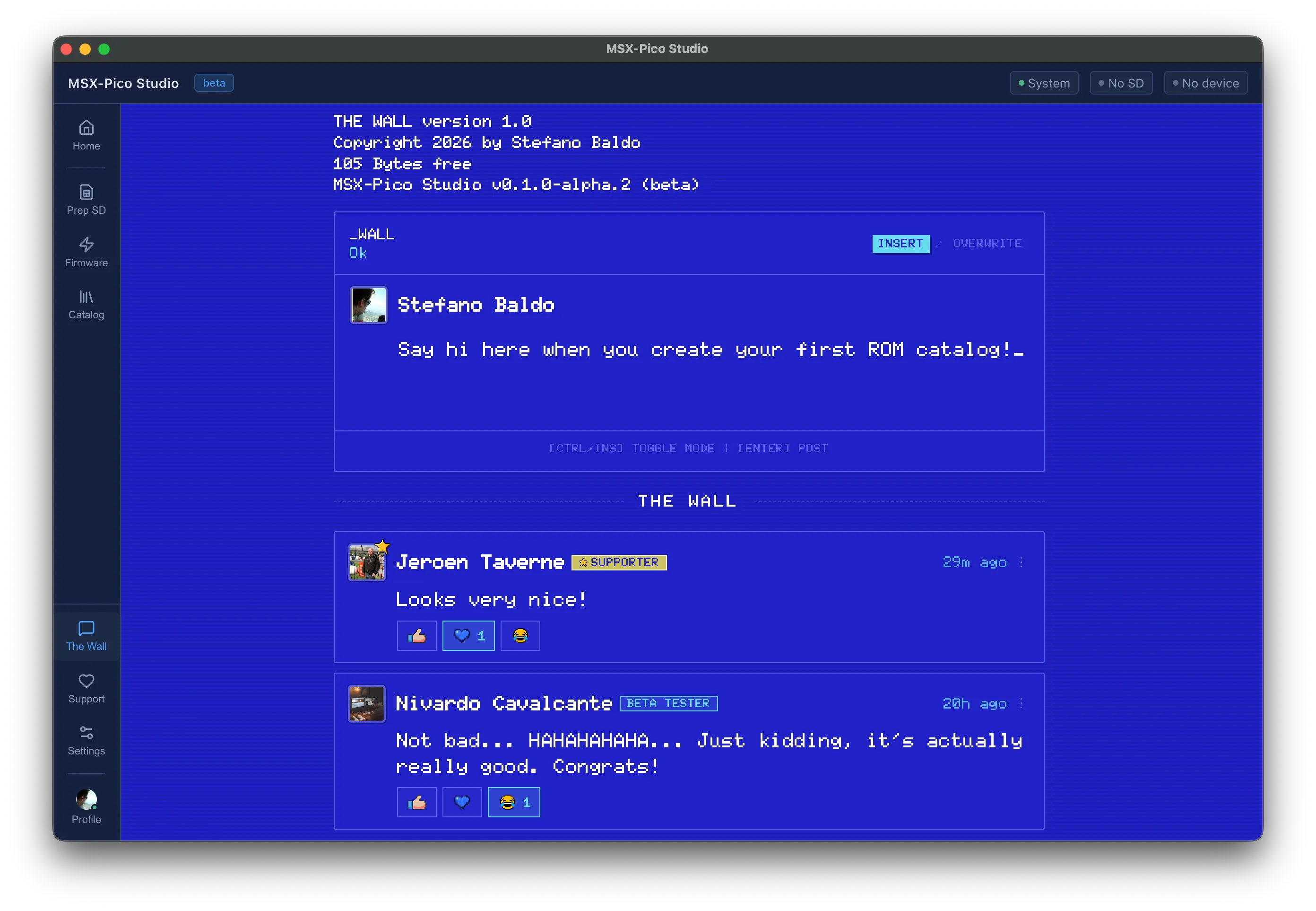 The Wall: a community message board rendered like an MSX-BASIC screen, with posts and reactions.