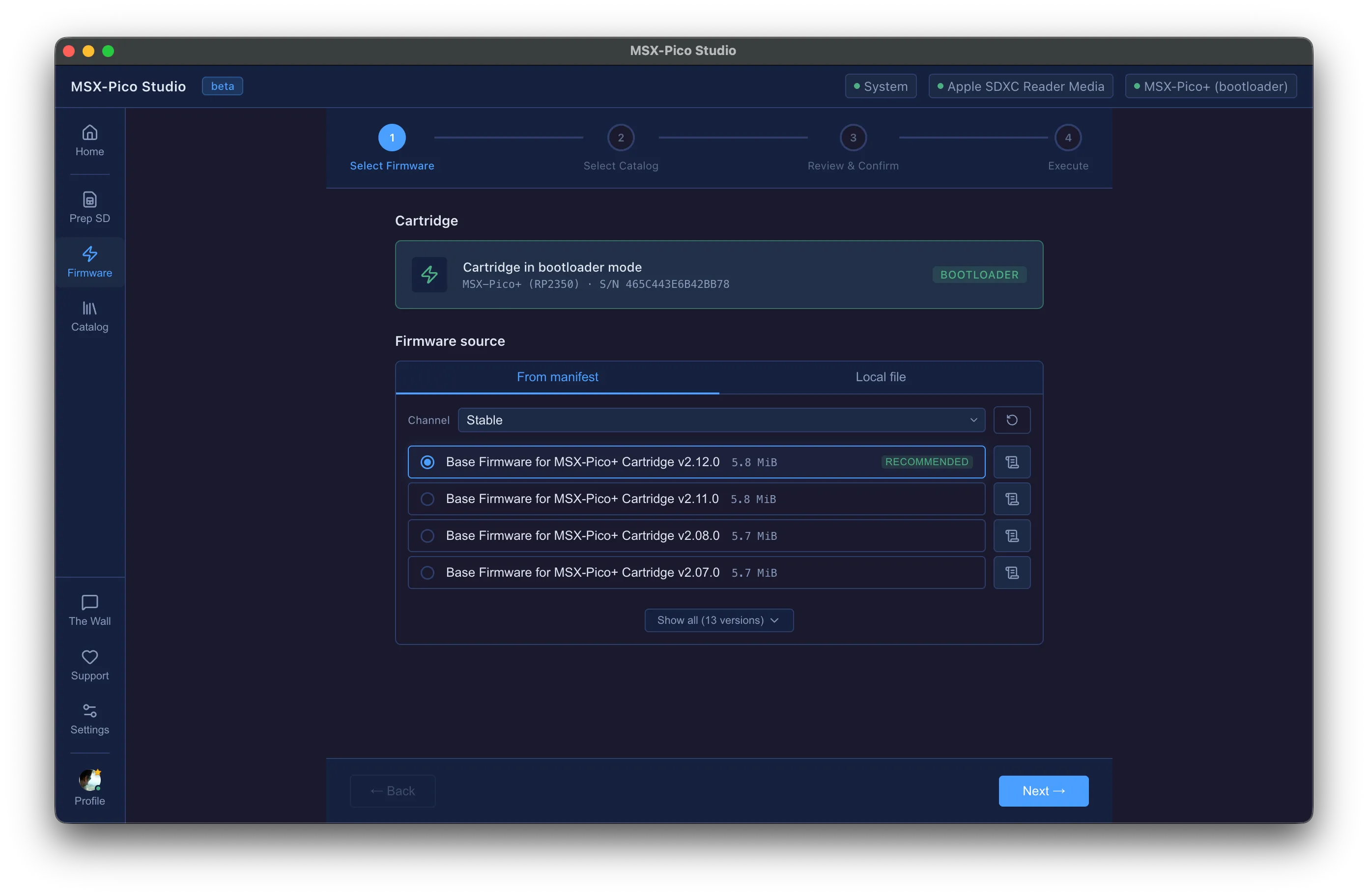 The Firmware wizard with the cartridge detected in bootloader mode and a list of available firmware versions.