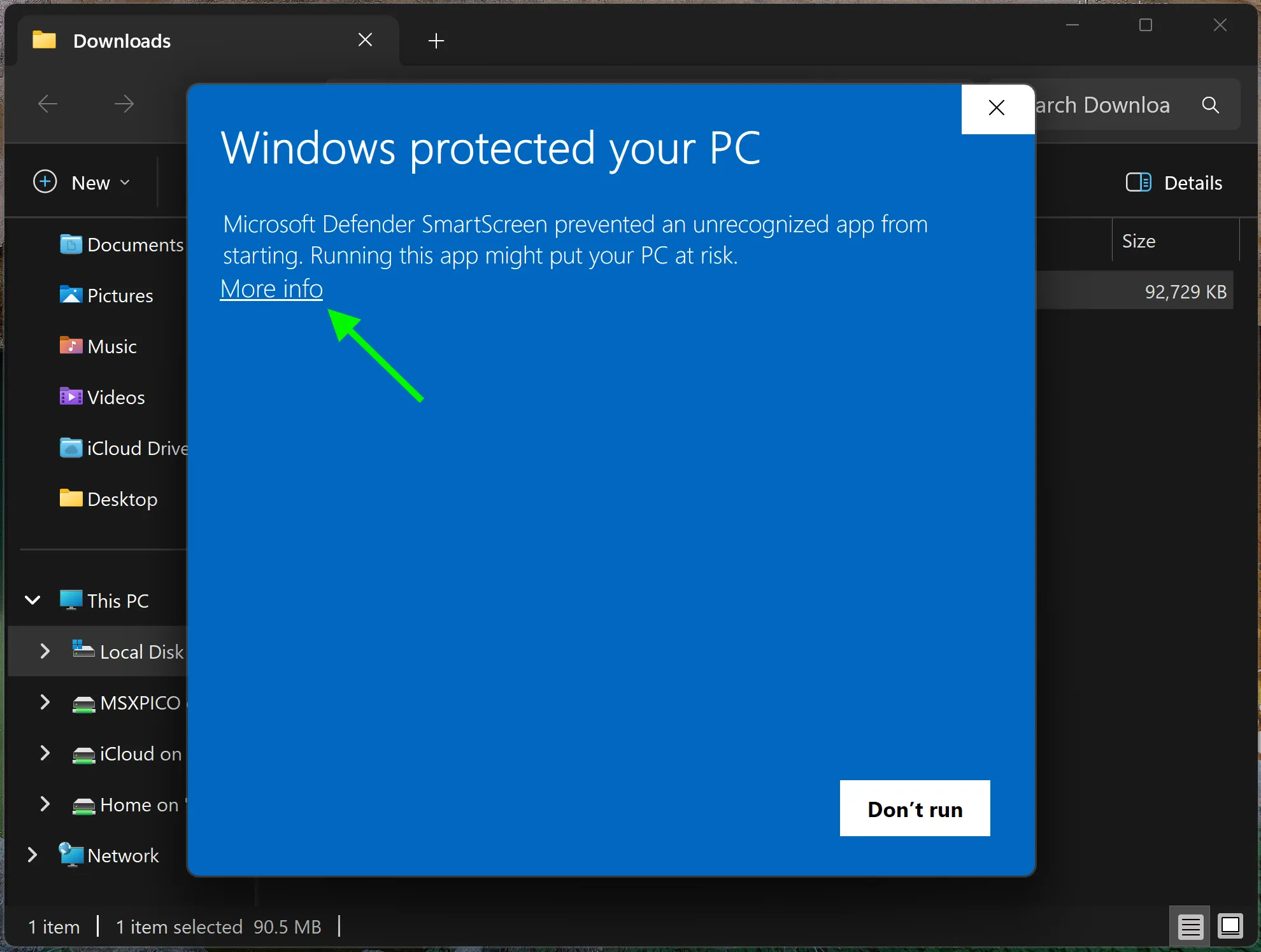 The Windows SmartScreen warning: “Windows protected your PC”, with the More info link visible.